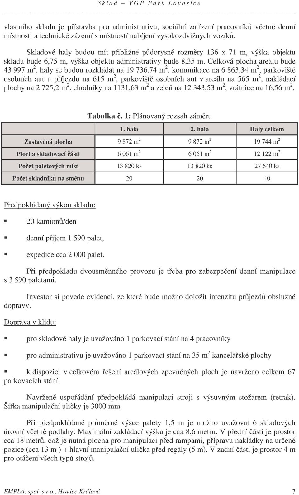 Celková plocha areálu bude 43 997 m 2, haly se budou rozkládat na 19 736,74 m 2, komunikace na 6 863,34 m 2, parkovišt osobních aut u píjezdu na 615 m 2, parkovišt osobních aut v areálu na 565 m 2,