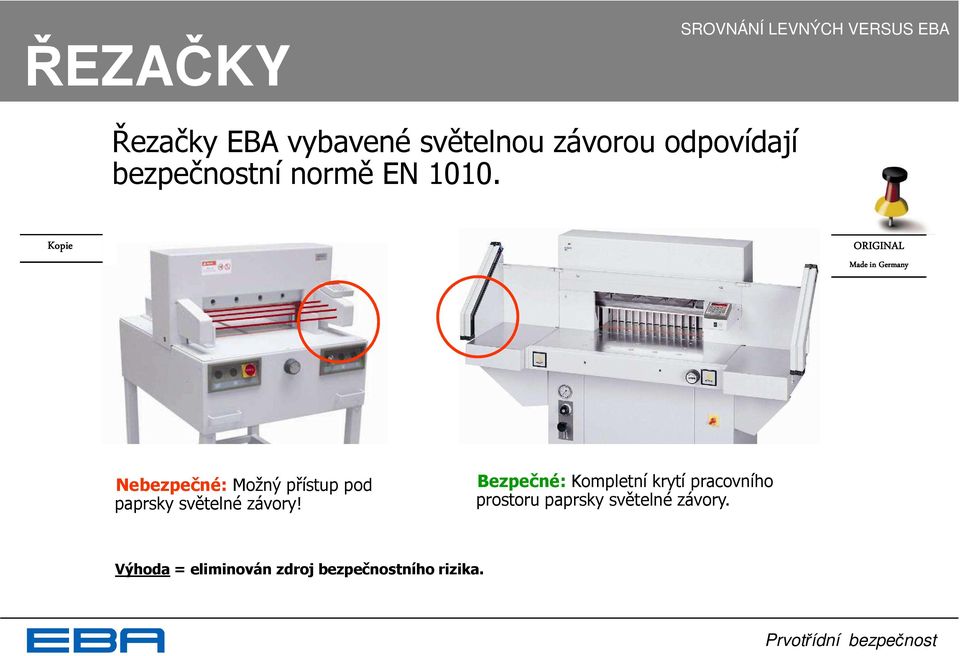 Nebezpečné: Možný přístup pod paprsky světelné závory!