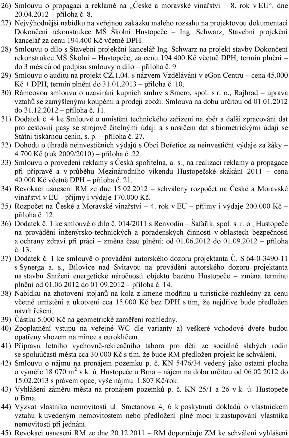 Schwarz, Stavební projekční kancelář za cenu 194.400 Kč včetně DPH. 28) Smlouvu o dílo s Stavební projekční kancelář Ing.