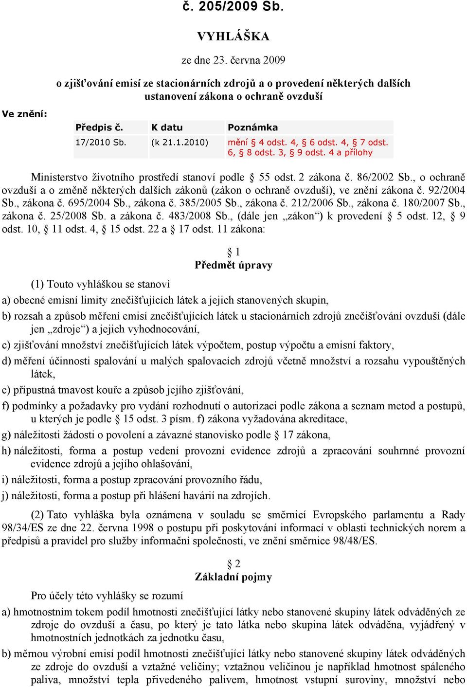 , o ochraně ovzduší a o změně některých dalších zákonů (zákon o ochraně ovzduší), ve znění zákona č. 92/2004 Sb., zákona č. 695/2004 Sb., zákona č. 385/2005 Sb., zákona č. 212/2006 Sb., zákona č. 180/2007 Sb.