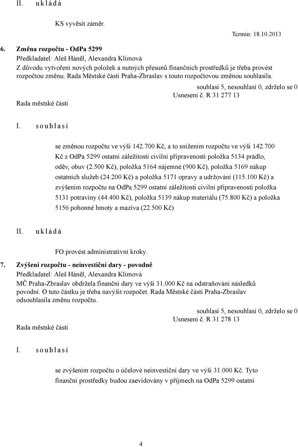 Rada Městské části Praha-Zbraslav s touto rozpočtovou změnou souhlasila. Usnesení č. R 31 277 13 se změnou rozpočtu ve výši 142.700 Kč, a to snížením rozpočtu ve výši 142.