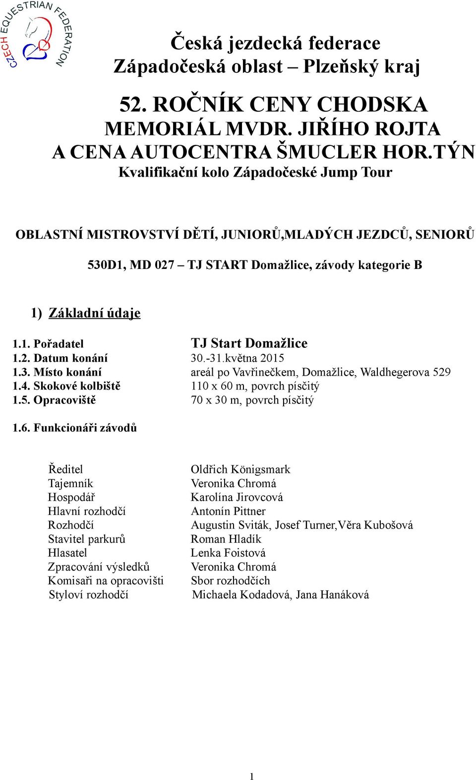 2. Datum konání 30.-31.května 2015 1.3. Místo konání areál po Vavřinečkem, Domažlice, Waldhegerova 529 1.4. Skokové kolbiště 110 x 60