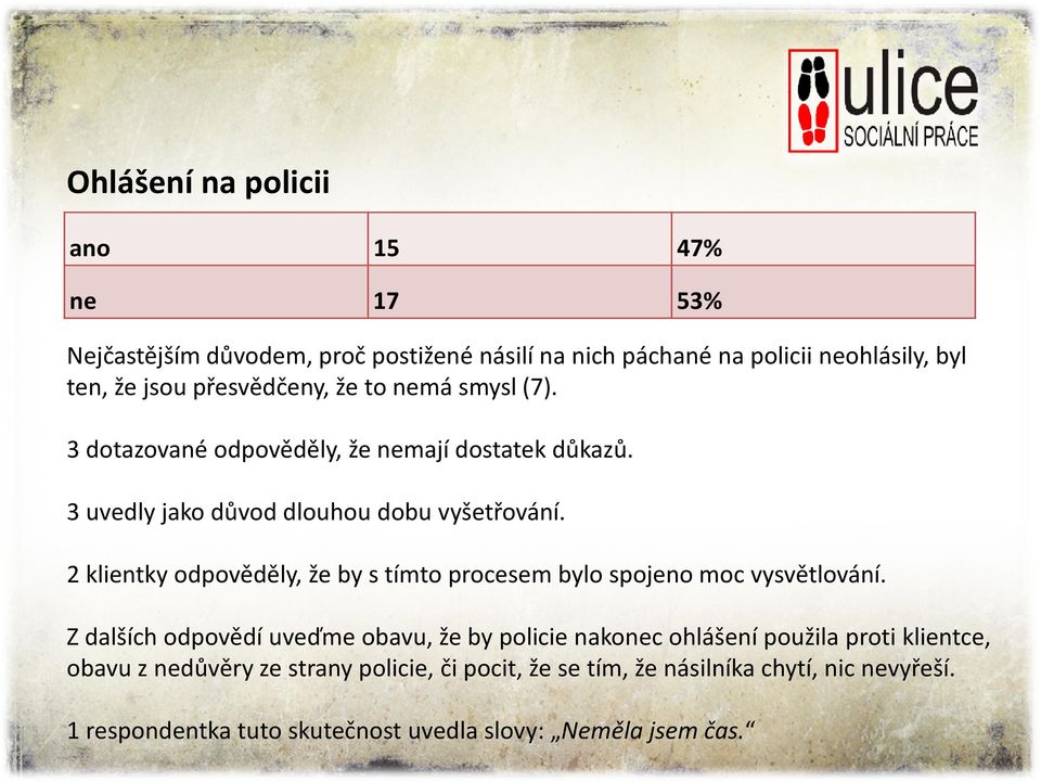 2 klientky odpověděly, že by s tímto procesem bylo spojeno moc vysvětlování.