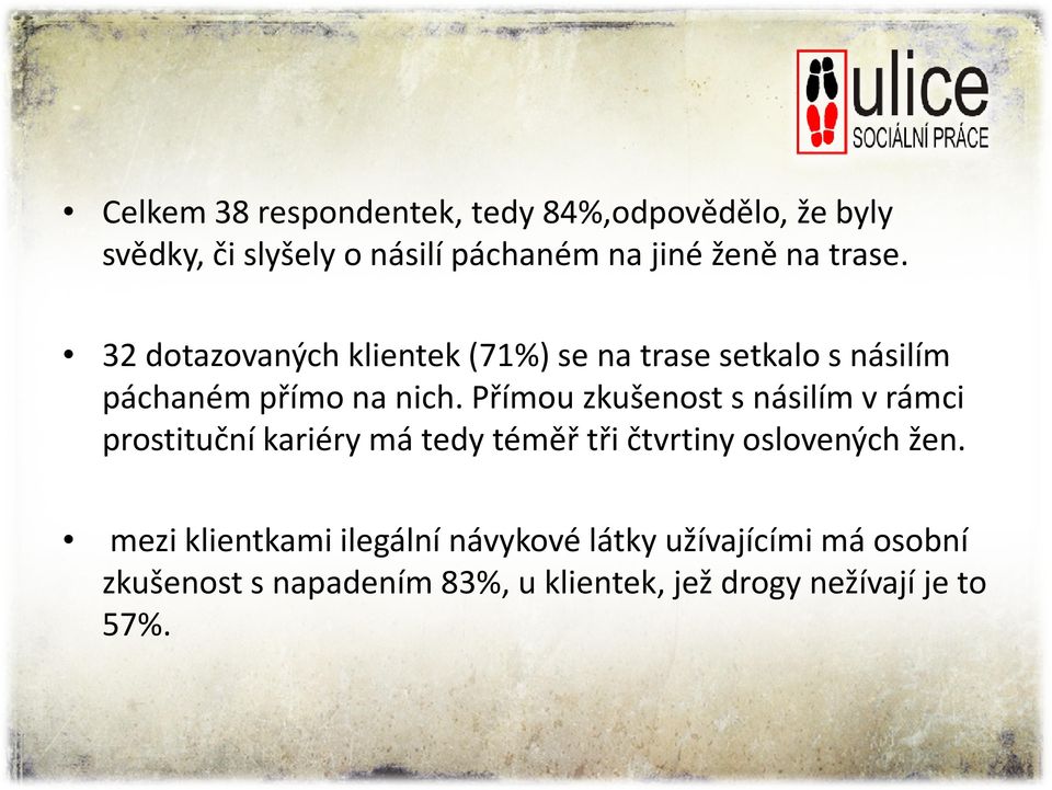 Přímou zkušenost s násilím v rámci prostituční kariéry má tedy téměř tři čtvrtiny oslovených žen.