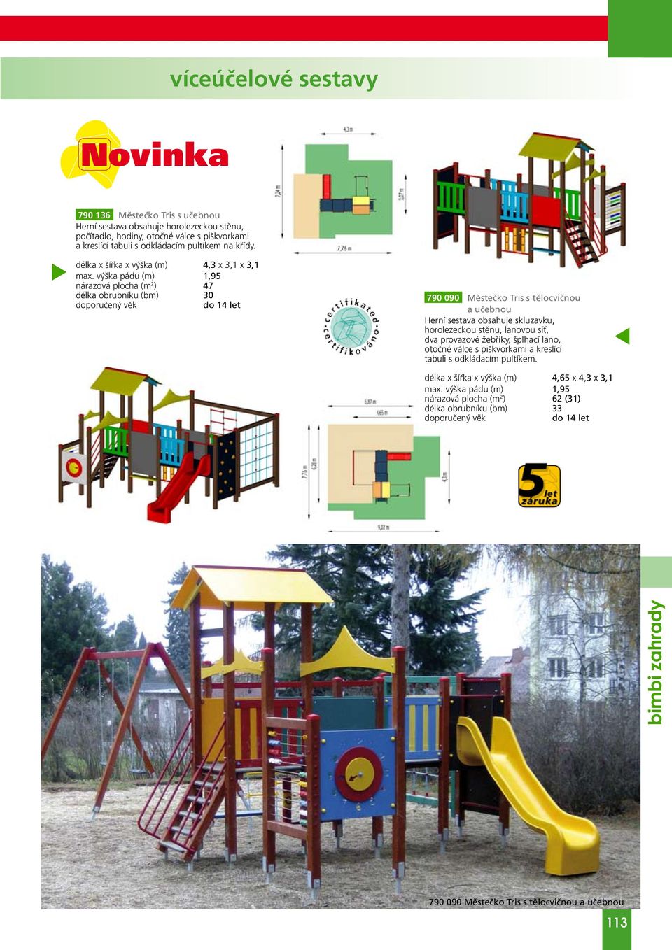 výška pádu (m) 1,95 nárazová ploha (m 2 ) 47 délka obrubníku (bm) 30 do 14 let 790 090 Městečko Tris s tělovičnou a učebnou Herní sestava obsahuje skluzavku, horolezekou stěnu,