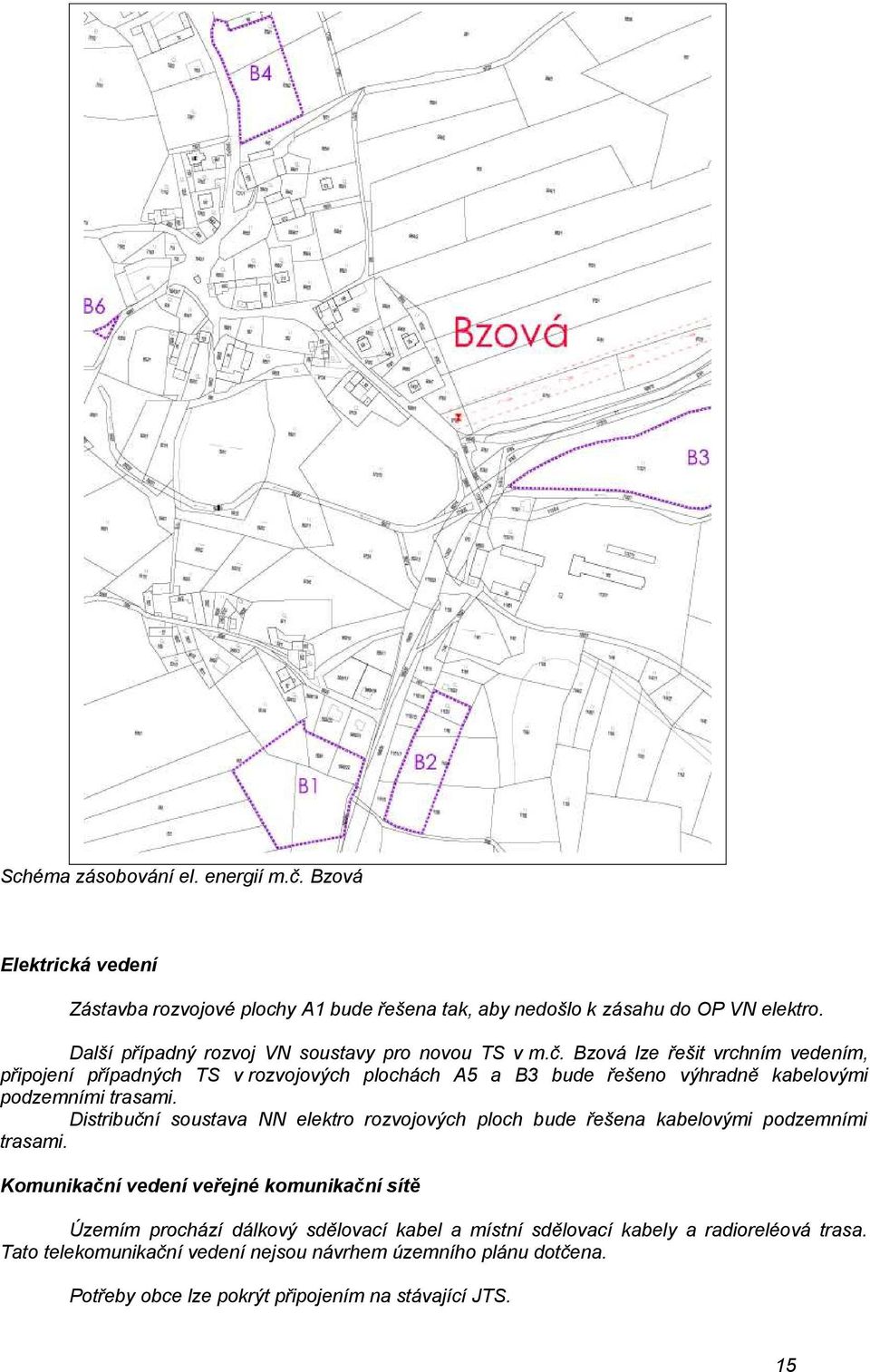 Bzová lze řešit vrchním vedením, připojení případných TS v rozvojových plochách A5 a B3 bude řešeno výhradně kabelovými podzemními trasami.