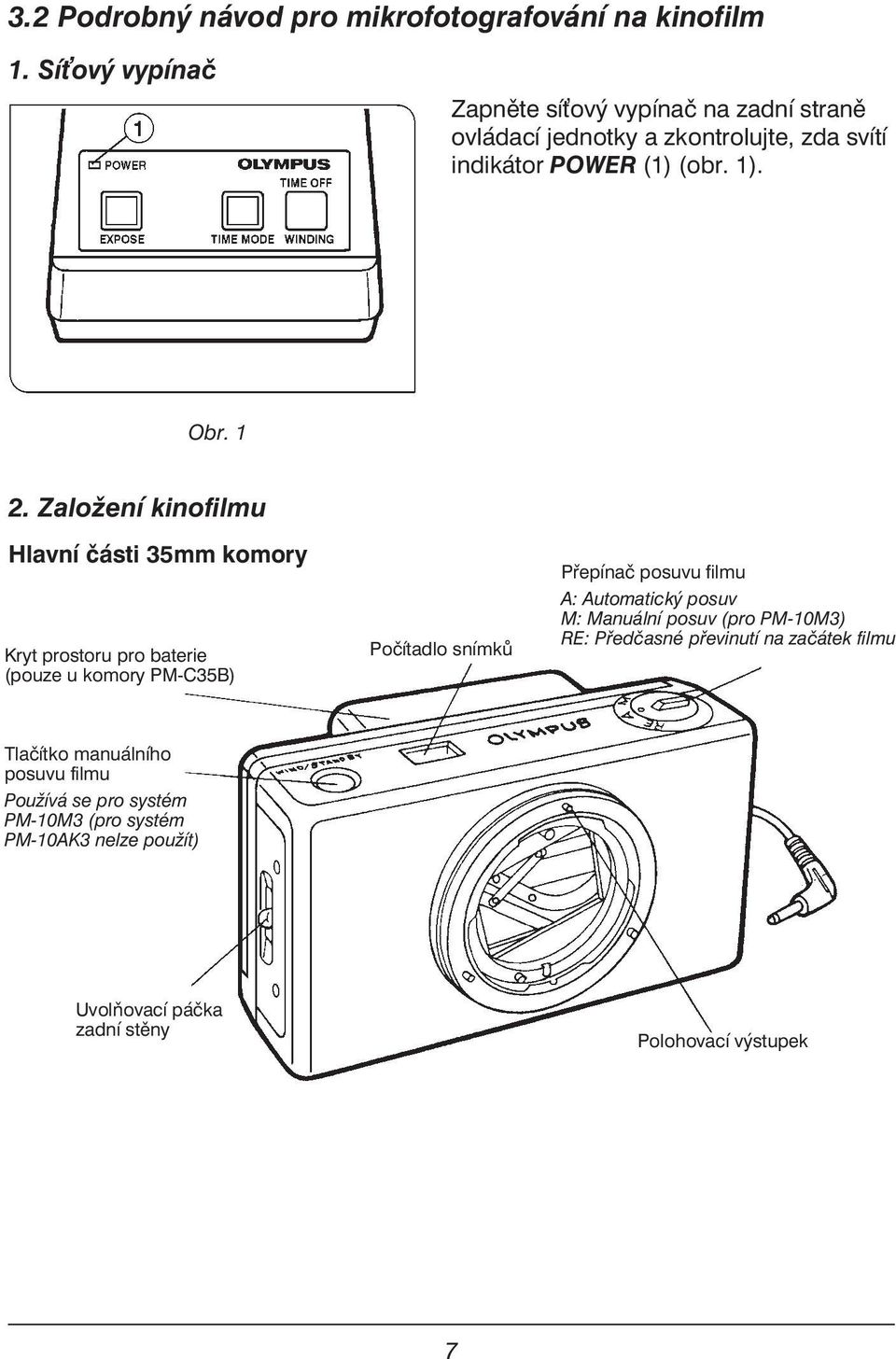 Založení kinofilmu Hlavní části 35mm komory Kryt prostoru pro baterie (pouze u komory PM-C35B) Počítadlo snímků Přepínač posuvu filmu A: