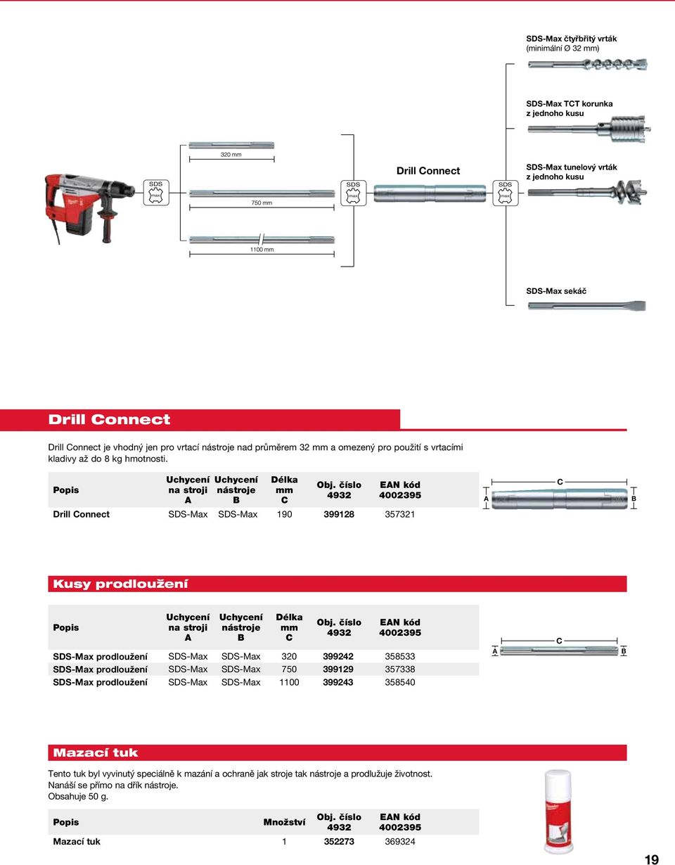 Uchycení na stroji Uchycení nástroje Délka C EN kód Drill Connect SDS-Max SDS-Max 190 399128 357321 C Kusy prodloužení Uchycení na stroji Uchycení nástroje Délka C EN kód SDS-Max prodloužení SDS-Max