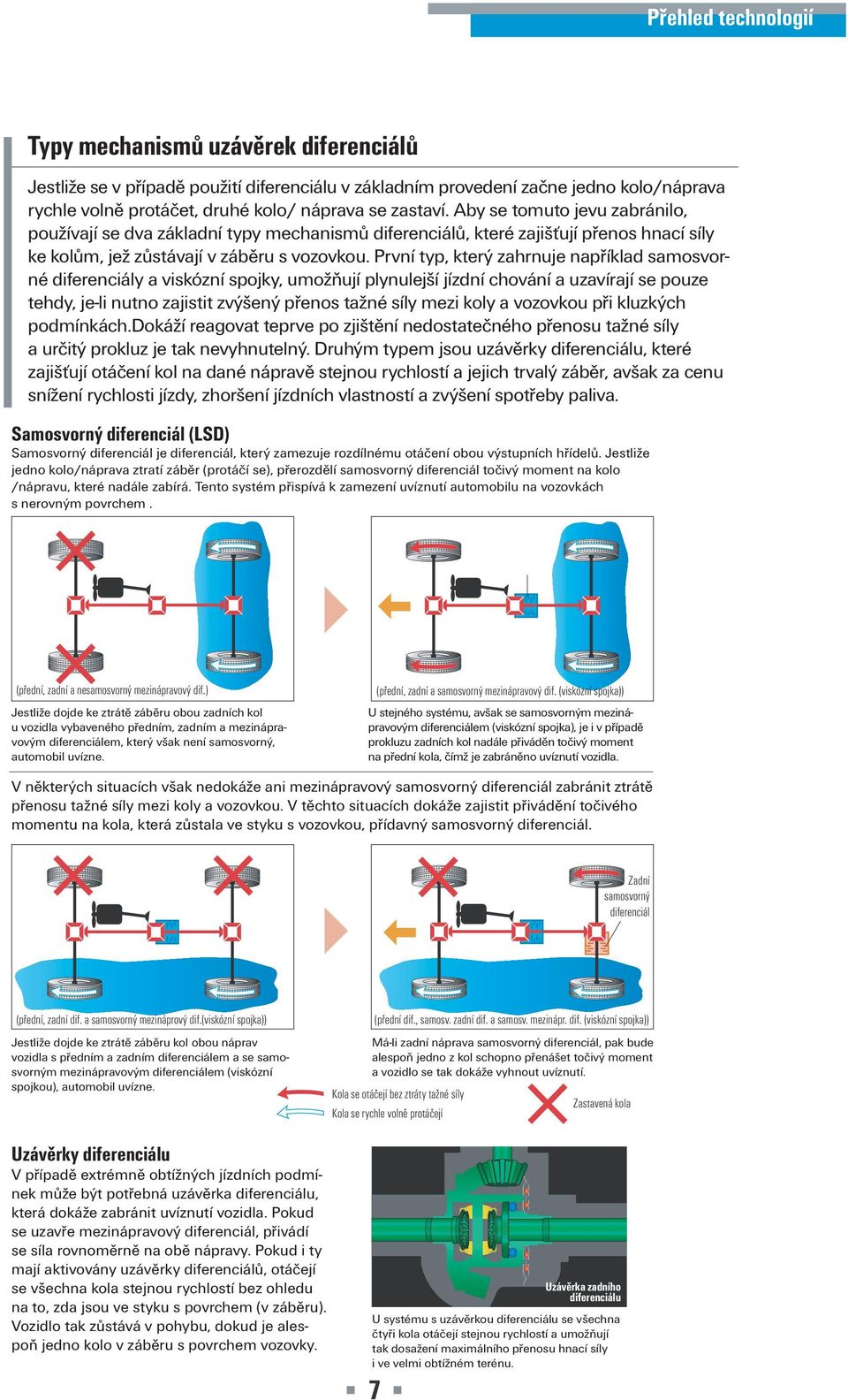 První typ, který zahrnuje například samosvorné diferenciály a viskózní spojky, umožňují plynulejší jízdní chování a uzavírají se pouze tehdy, je-li nutno zajistit zvýšený přenos tažné síly mezi koly