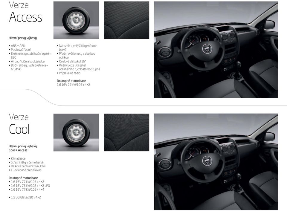 Příprava na rádio Dostupné motorizace 1,6 16V 77 kw/105 k 4 2 Verze Cool Hlavní prvky výbavy Cool = Access + Klimatizace Střešní lišty v černé barvě Dálkové