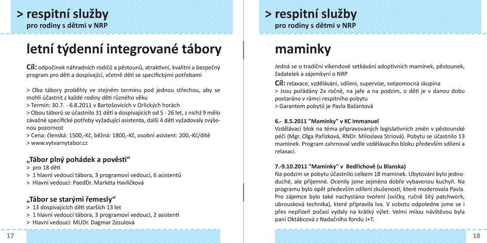 2011 v Bartošovicích v Orlických horách > Obou táborů se účastnilo 31 dě a dospívajících od 5-26 let, z nichž 9 mělo závažné specifické potřeby vyžadující asistenta, další 4 dě vyžadovaly zvýšenou