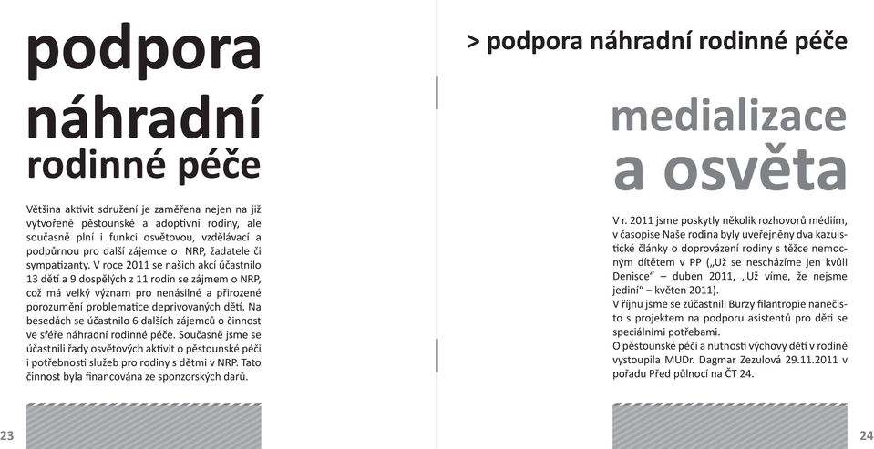 V roce 2011 se našich akcí účastnilo 13 dě a 9 dospělých z 11 rodin se zájmem o NRP, což má velký význam pro nenásilné a přirozené porozumění problema ce deprivovaných dě.