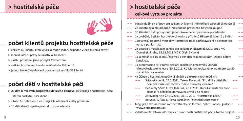 hos telské péči > 29 dě či mladých dospělých z dětského domova, jež čerpají z hos telské péče, kterou poskytují naši klien > z toho 16 dě klientů využívajících intenzivní služby provázení > 13 dě