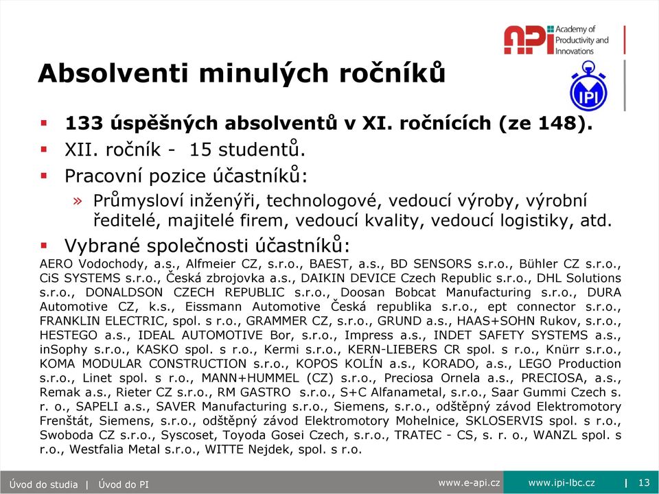 Vybrané společnosti účastníků: AERO Vodochody, a.s., Alfmeier CZ, s.r.o., BAEST, a.s., BD SENSORS s.r.o., Bühler CZ s.r.o., CiS SYSTEMS s.r.o., Česká zbrojovka a.s., DAIKIN DEVICE Czech Republic s.r.o., DHL Solutions s.