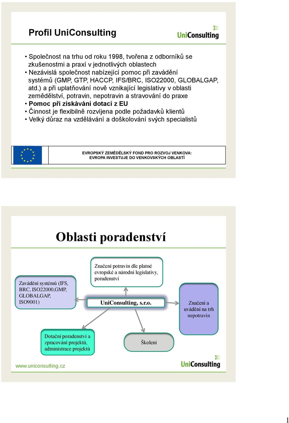 ) a při uplatňování nově vznikající legislativy v oblasti zemědělství, potravin, nepotravin a stravování do praxe Pomoc při získávání dotací z EU Činnost je flexibilně rozvíjena podle požadavků