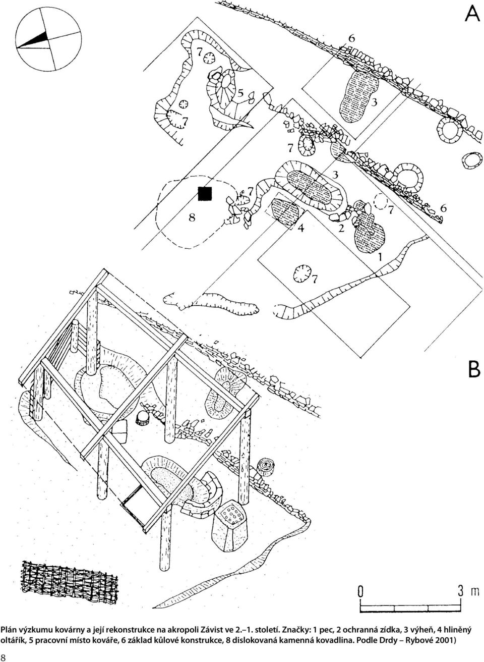 Značky: 1 pec, 2 ochranná zídka, 3 výheň, 4 hliněný oltářík, 5
