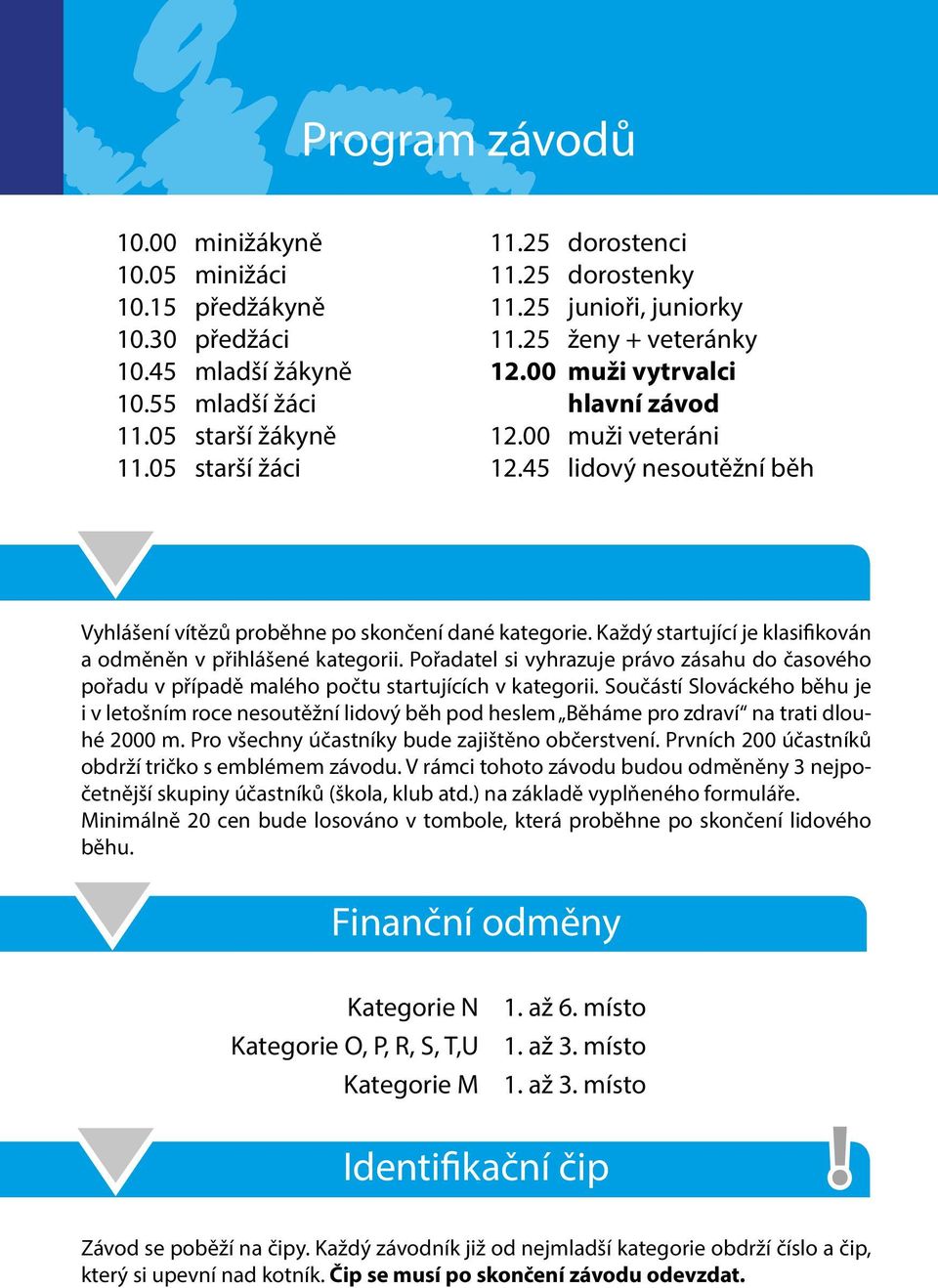 45 lidový nesoutěžní běh Vyhlášení vítězů Vyhlášení vítězů proběhne po skončení dané kategorie. Každý startující je klasifikován a odměněn v přihlášené kategorii.