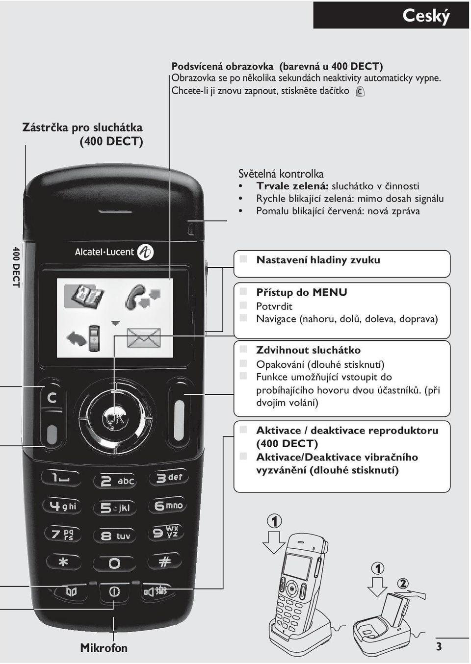 signálu Pomalu blikající èervená: nová zpráva 400 DECT Nastavení hladiny zvuku Pøístup do MENU Potvrdit Navigace (nahoru, dolù, doleva, doprava) Zdvihnout sluchátko