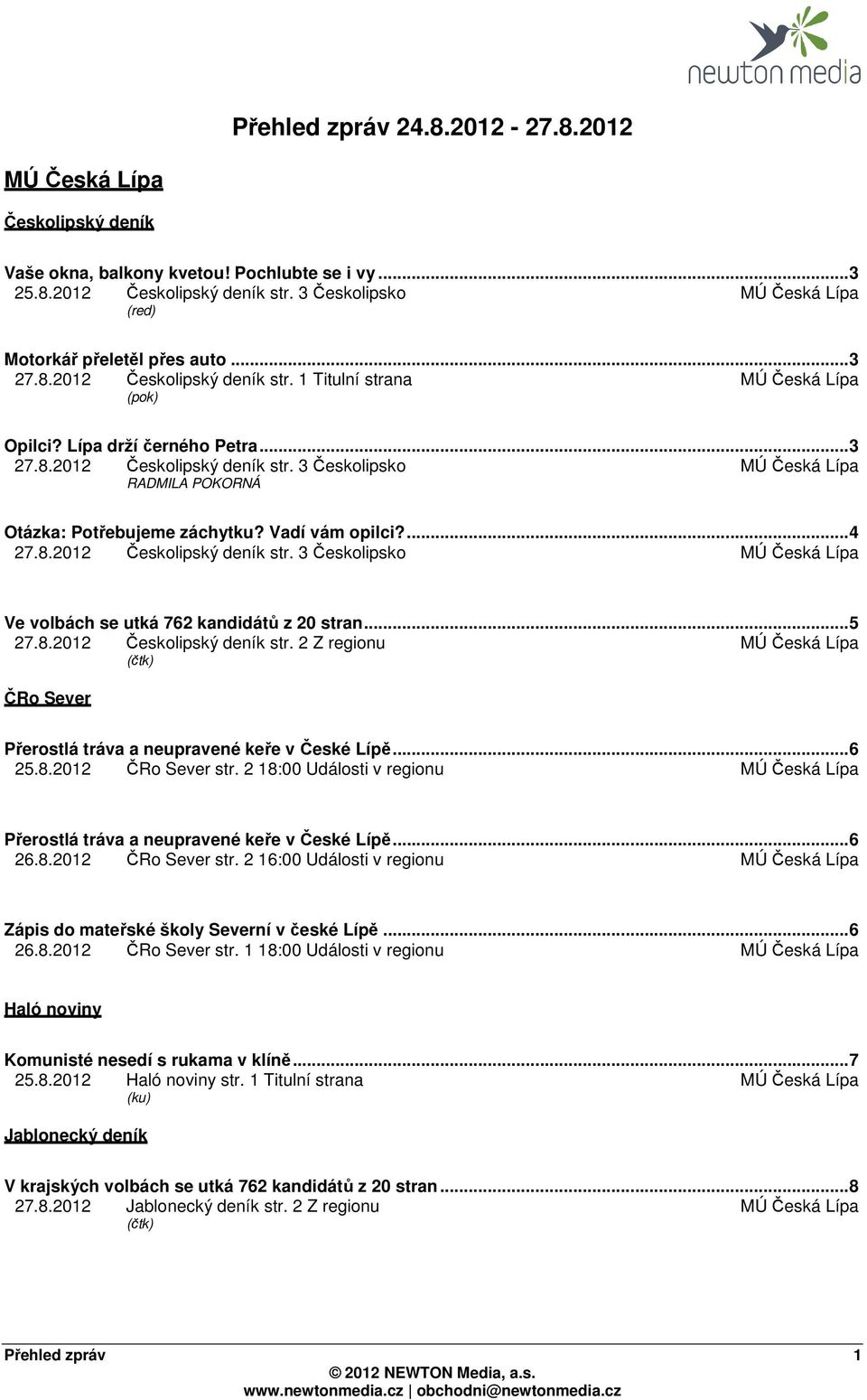 Vadí vám opilci?...4 27.8.2012 Českolipský deník str. 3 Českolipsko MÚ Česká Lípa Ve volbách se utká 762 kandidátů z 20 stran...5 27.8.2012 Českolipský deník str. 2 Z regionu MÚ Česká Lípa (čtk) ČRo Sever Přerostlá tráva a neupravené keře v České Lípě.