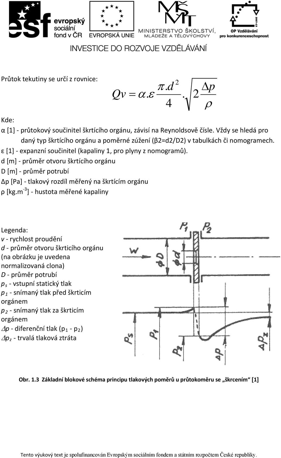 d [m] - průměr otvoru škrtícího orgánu D [m] - průměr potrubí Δp [Pa] - tlakový rozdíl měřený na škrtícím orgánu ρ [kg.