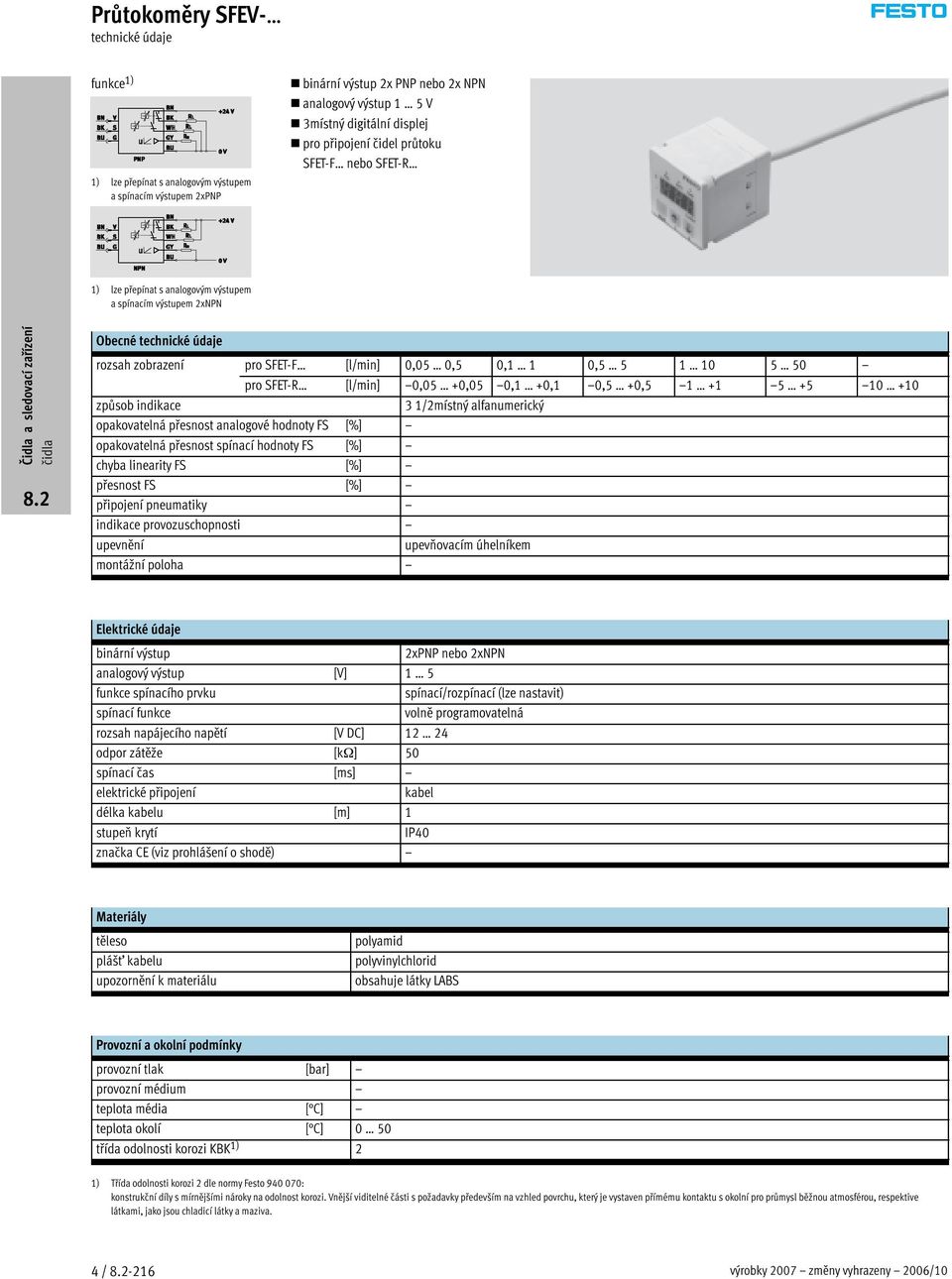 pro SFET-R [l/min] 0,05 +0,05 0,1 +0,1 0,5 +0,5 1 +1 5 +5 10 +10 způsob indikace 3 1/2místný alfanumerický opakovatelná přesnost analogové hodnoty FS [%] opakovatelná přesnost spínací hodnoty FS [%]