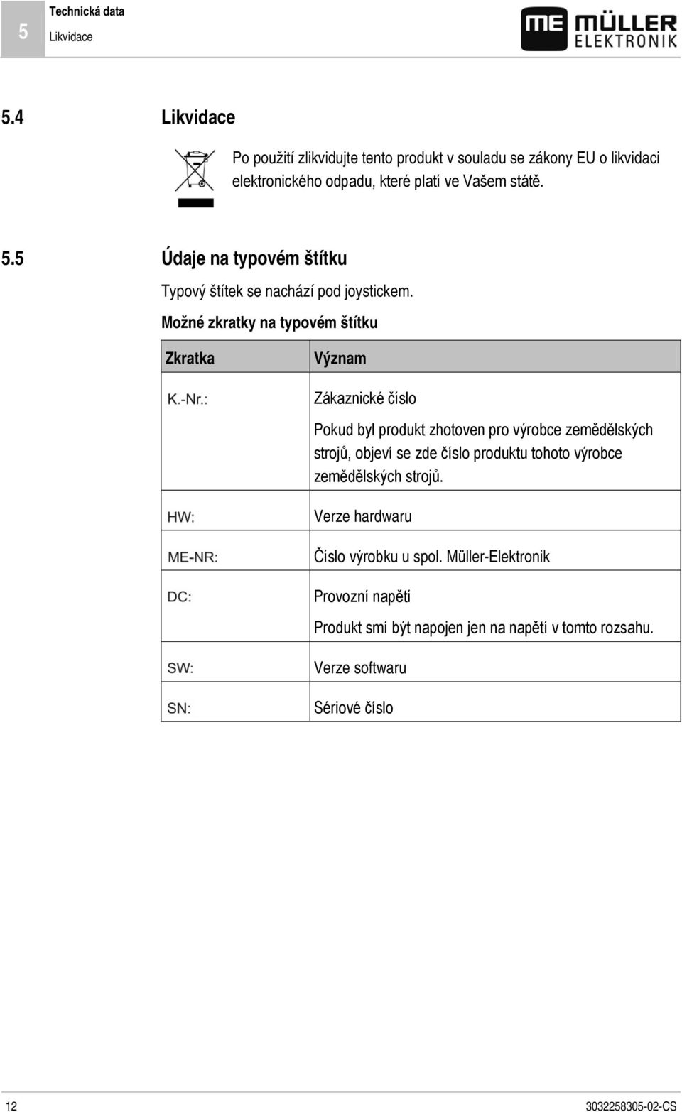 5 Údaje na typovém štítku Typový štítek se nachází pod joystickem.