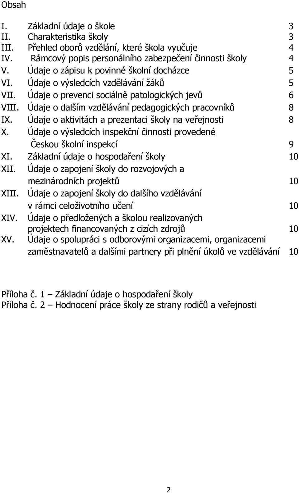 Údaje o aktivitách a prezentaci školy na veřejnosti 8 X. Údaje o výsledcích inspekční činnosti provedené Českou školní inspekcí 9 XI. Základní údaje o hospodaření školy 10 XII.