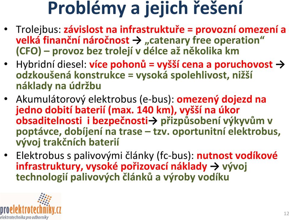 omezený dojezd na jedno dobití baterií (max. 140 km), vyšší na úkor obsaditelnosti i bezpečnosti přizpůsobení výkyvům v poptávce, dobíjení na trase tzv.