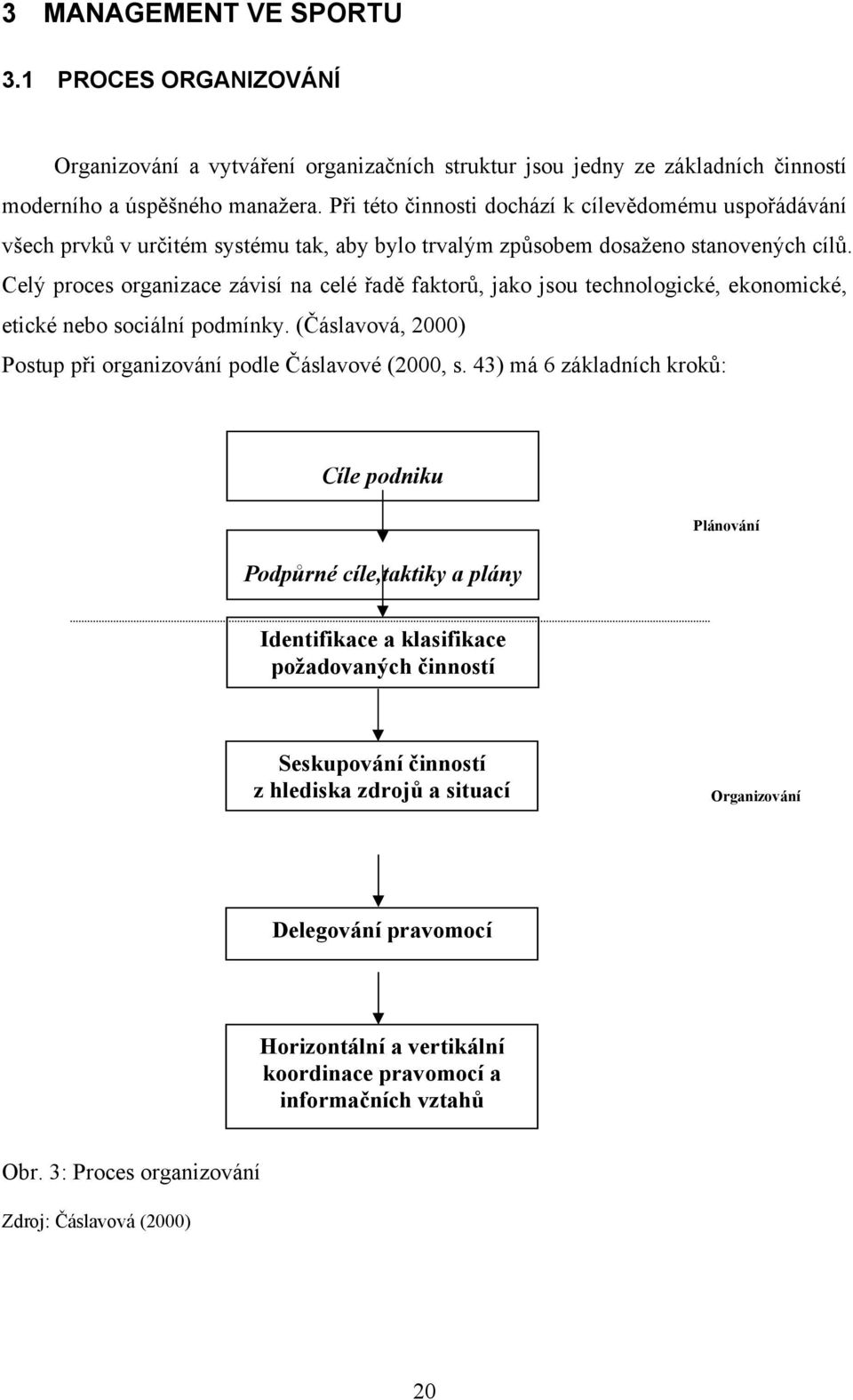 Celý proces organizace závisí na celé řadě faktorů, jako jsou technologické, ekonomické, etické nebo sociální podmínky. (Čáslavová, 2000) Postup při organizování podle Čáslavové (2000, s.