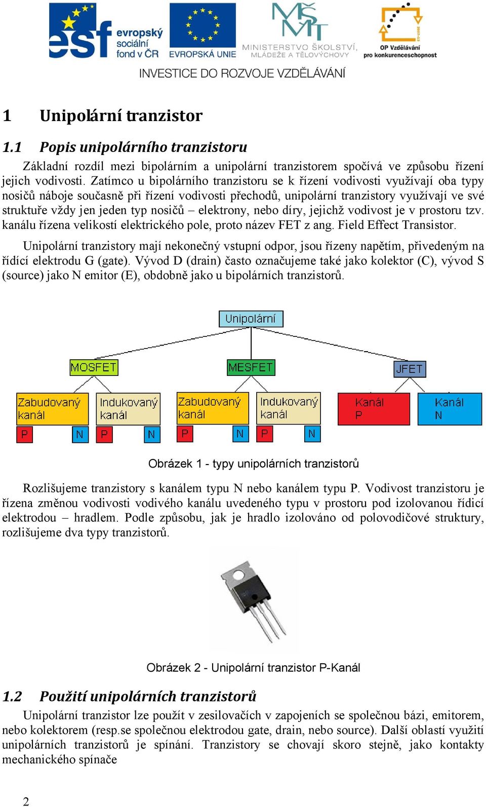 nosičů elektrony, nebo díry, jejichž vodivost je v prostoru tzv. kanálu řízena velikostí elektrického pole, proto název FET z ang. Field Effect Transistor.