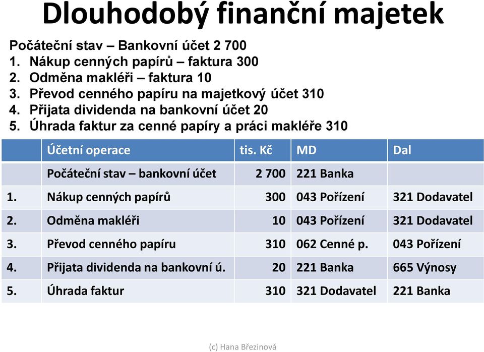 Úhrada faktur za cenné papíry a práci makléře 310 Účetní operace tis. Kč MD Dal Počáteční stav bankovní účet 2 700 221 Banka 1.