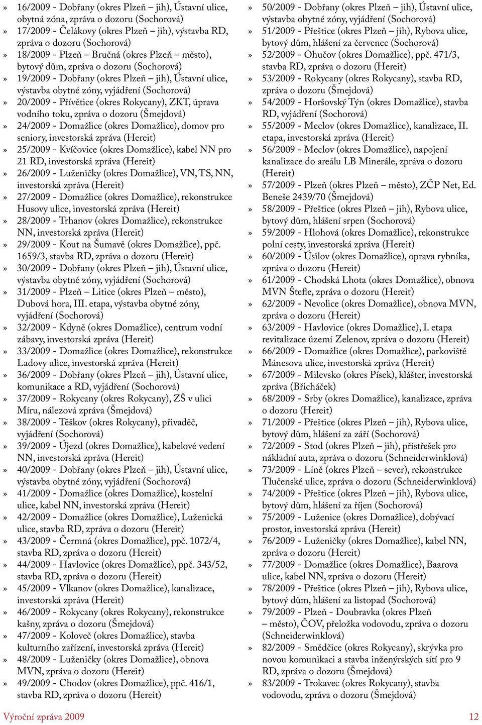 úprava vodního toku, zpráva o dozoru (Šmejdová) 24/2009 - Domažlice (okres Domažlice), domov pro seniory, investorská zpráva (Hereit) 25/2009 - Kvíčovice (okres Domažlice), kabel NN pro 21 RD,
