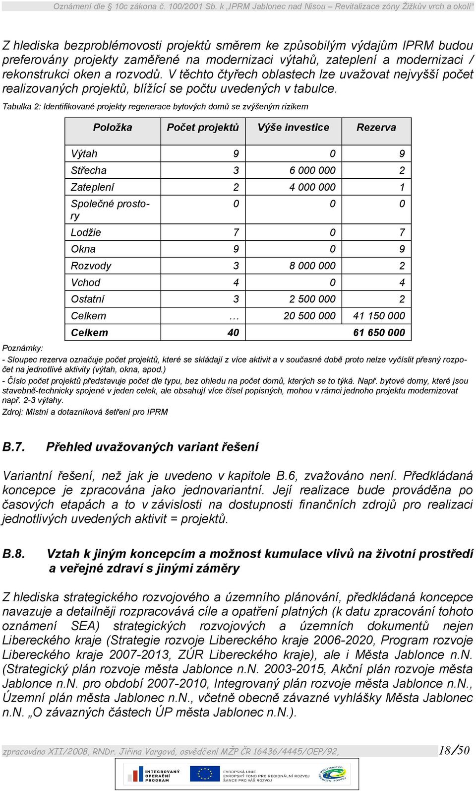 Tabulka 2: Identifikované projekty regenerace bytových domů se zvýšeným rizikem Položka Počet projektů Výše investice Rezerva Výtah 9 0 9 Střecha 3 6 000 000 2 Zateplení 2 4 000 000 1 Společné