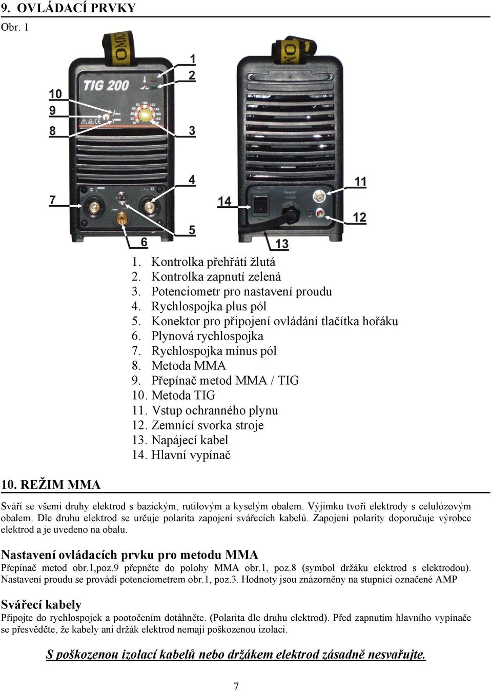 Zemnící svorka stroje 13. Napájecí kabel 14. Hlavní vypínač Sváří se všemi druhy elektrod s bazickým, rutilovým a kyselým obalem. Výjimku tvoří elektrody s celulózovým obalem.