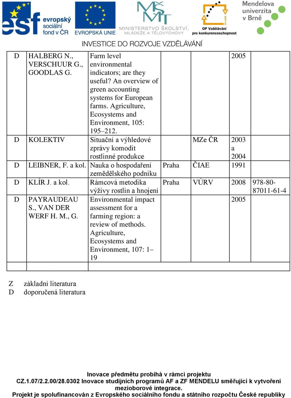 Nauka o hospodaření zemědělského podniku D KLÍR J. a kol. Rámcová metodika výživy rostlin a hnojení D PAYRAUDEAU S., VAN DER WERF H. M., G.