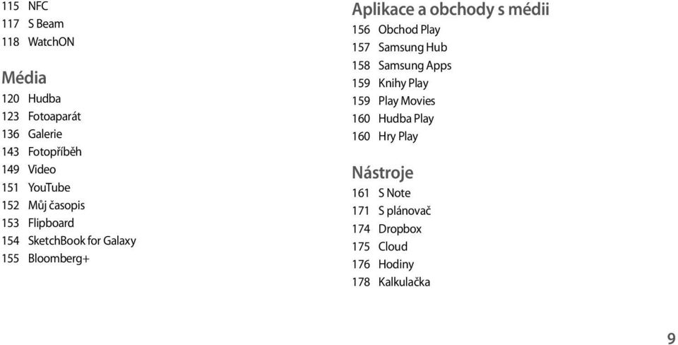 obchody s médii 156 Obchod Play 157 Samsung Hub 158 Samsung Apps 159 Knihy Play 159 Play Movies 160