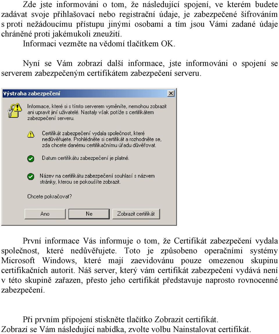 Nyní se Vám zobrazí další informace, jste informováni o spojení se serverem zabezpečeným certifikátem zabezpečení serveru.