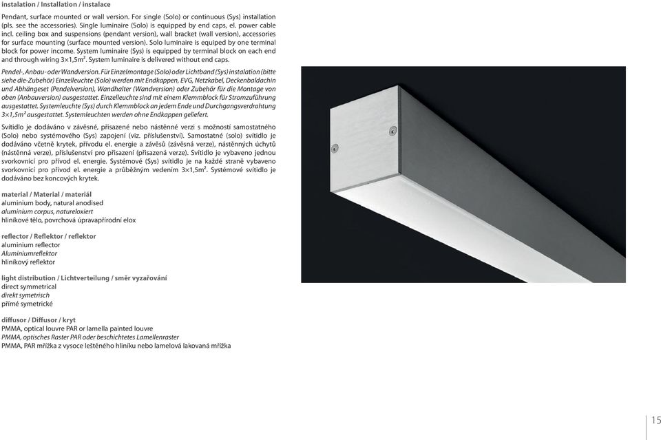 ceiling box and suspensions (pendant version), wall bracket (wall version), accessories for surface mounting (surface mounted version).