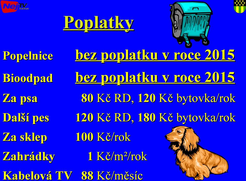 bytovka/rok Další pes 120 Kč RD, 180 Kč bytovka/rok Za