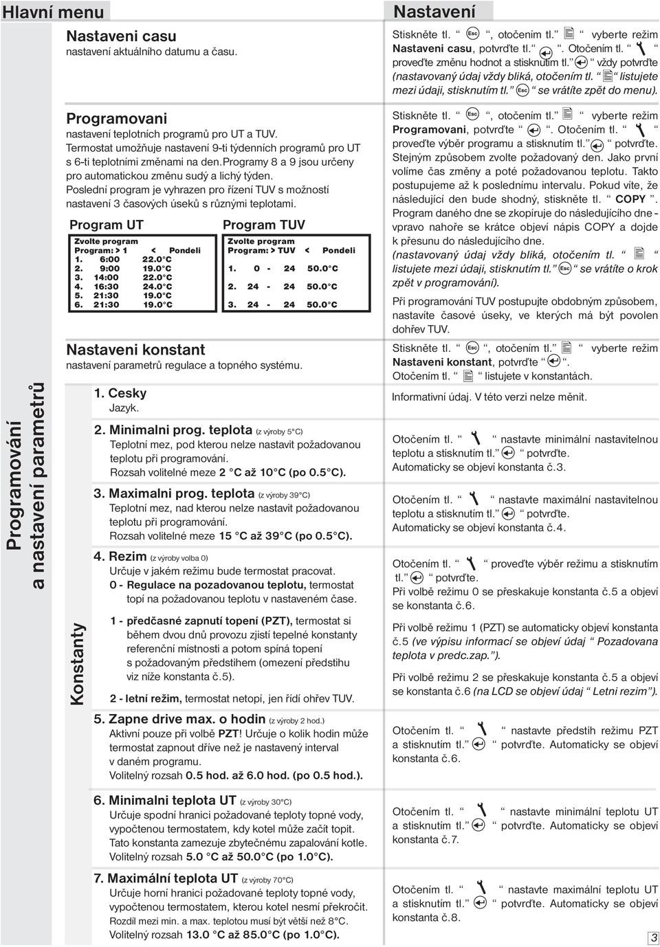 Programování a nastavení parametrů Programovani nastavení teplotních programů pro UT a TUV. Termostat umožňuje nastavení 9-ti týdenních programů pro UT s 6-ti teplotními změnami na den.