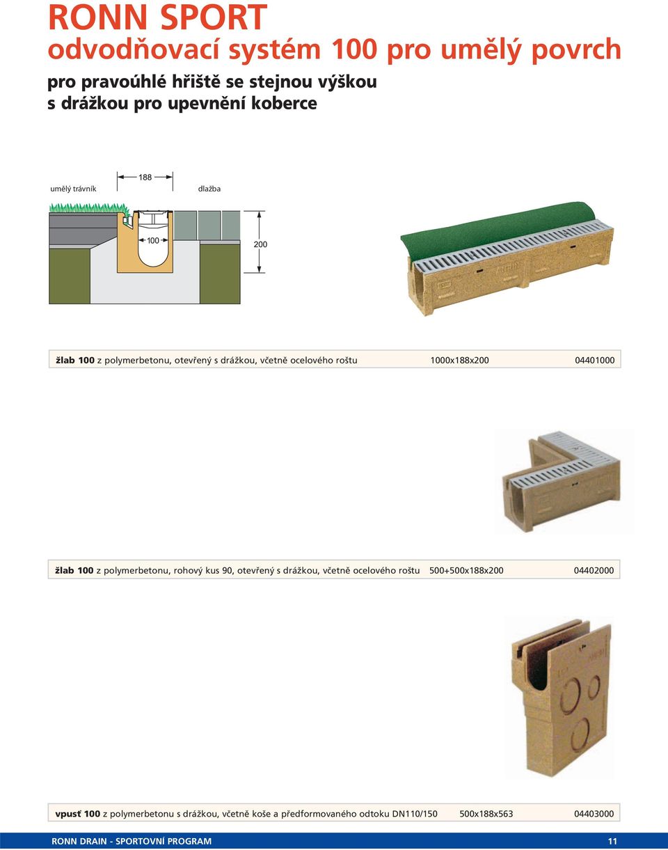 polymerbetonu, rohový kus 90, otevřený s drážkou, včetně ocelového roštu 500+500x188x200 04402000 vpusť 100 z