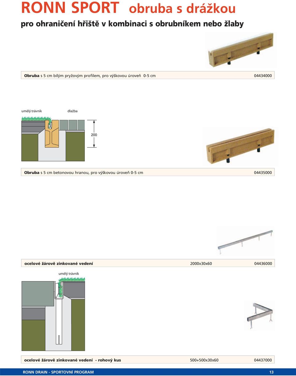 hranou, pro výškovou úroveň 0-5 cm 04435000 ocelové žárově zinkované vedení 2000x30x60 04436000 umělý