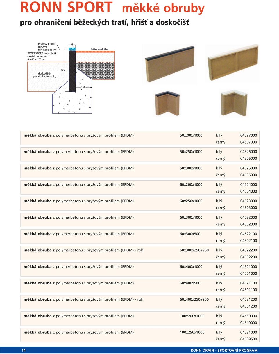 04506000 měkká obruba z polymerbetonu s pryžovým profilem (EPDM) 50x300x1000 bílý 04525000 černý 04505000 měkká obruba z polymerbetonu s pryžovým profilem (EPDM) 60x200x1000 bílý 04524000 černý