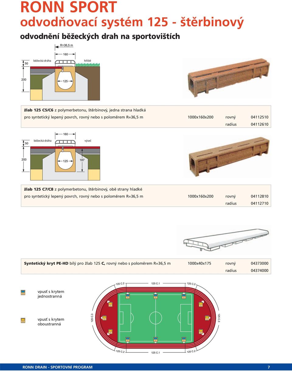 štěrbinový, obě strany hladké pro syntetický lepený povrch, rovný nebo s poloměrem R=36,5 m 1000x160x200 rovný 04112810 radius 04112710 Syntetický kryt PE-HD bílý