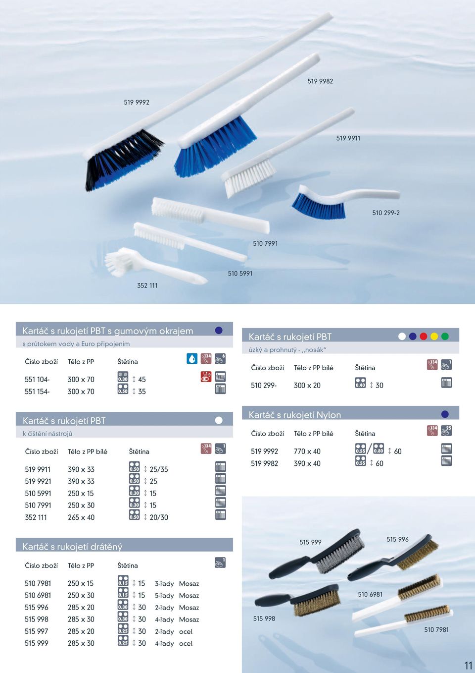 519 9921 390 x 33 c 25 m 510 5991 250 x 15 b 15 l 510 7991 250 x 30 b 15 l 352 111 265 x 40 c 20/30 m Kartáč s rukojetí Nylon Číslo zboží Tělo z PP bílé Štětina 519 9992 770 x 40 x/ 60 l 519 9982 390
