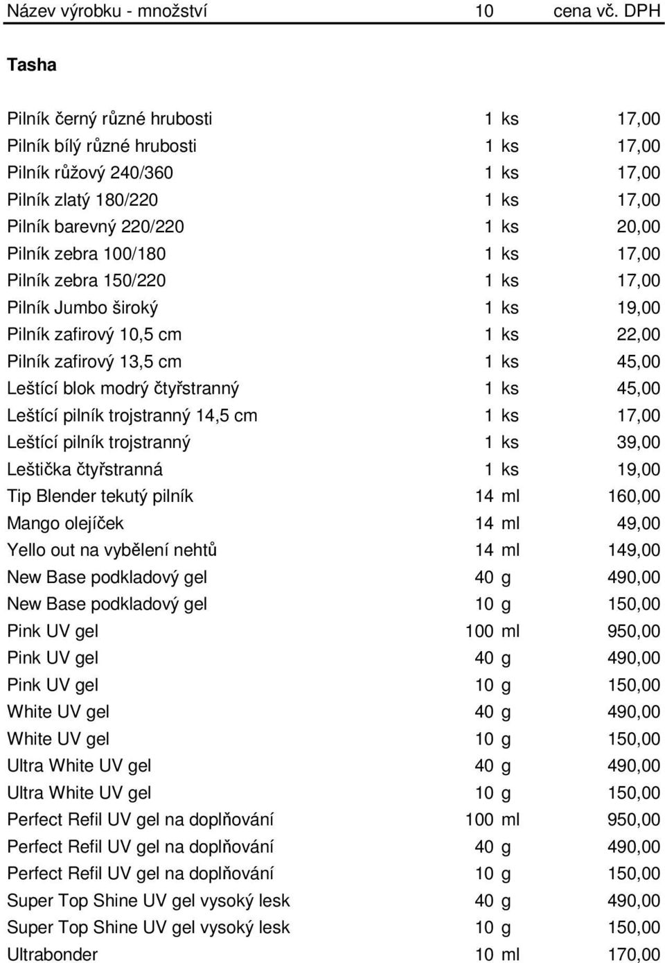 100/180 1 ks 17,00 Pilník zebra 150/220 1 ks 17,00 Pilník Jumbo široký 1 ks 19,00 Pilník zafirový 10,5 cm 1 ks 22,00 Pilník zafirový 13,5 cm 1 ks 45,00 Leštící blok modrý čtyřstranný 1 ks 45,00