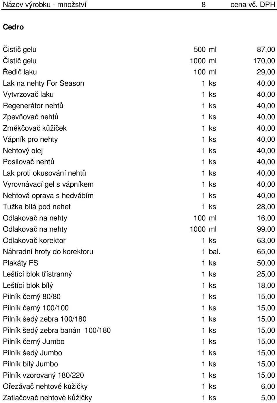 40,00 Změkčovač kůžiček 1 ks 40,00 Vápník pro nehty 1 ks 40,00 Nehtový olej 1 ks 40,00 Posilovač nehtů 1 ks 40,00 Lak proti okusování nehtů 1 ks 40,00 Vyrovnávací gel s vápníkem 1 ks 40,00 Nehtová