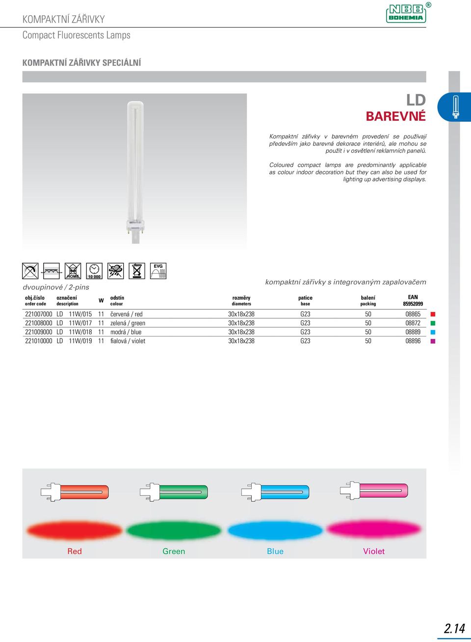 dvoupinové / 2-pins kompaktní zářivky s integrovaným zapalovačem 85952099 221007000 LD 11/015 11 červená / red 30x18x238 G23 50 08865 221008000 LD 11/017 11 zelená /
