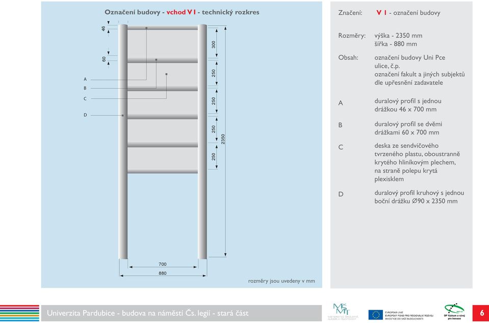 označení fakult a jiných subjektů dle upřesnění zadavatele C D 250 250 250 2350 C duralový profil s jednou drážkou 46 x 700 mm duralový profil se dvěmi