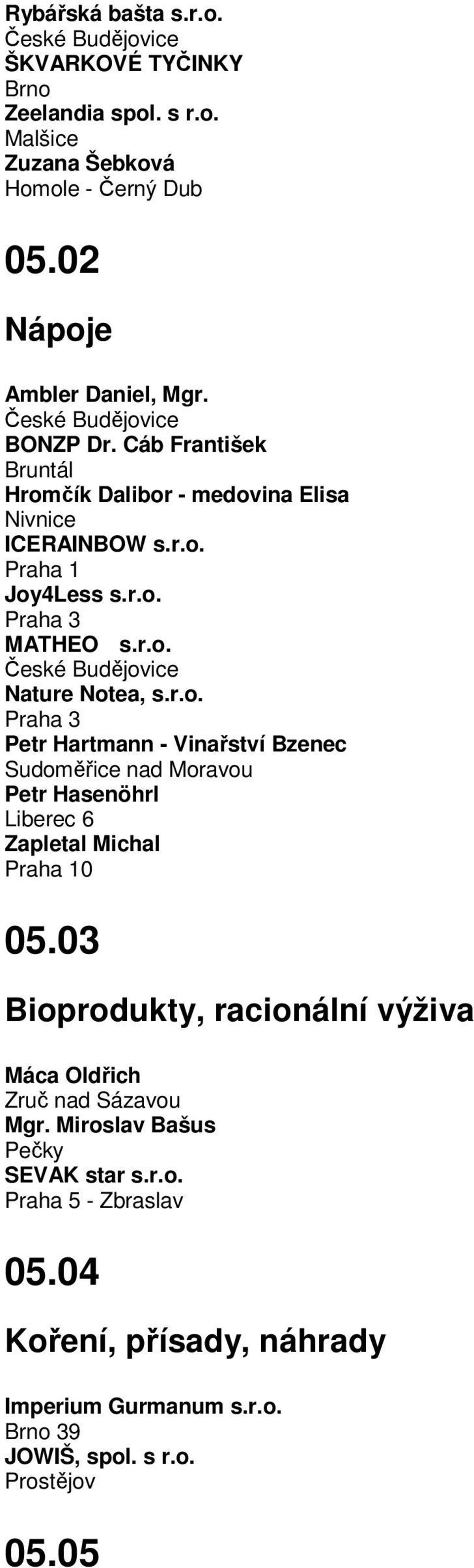 03 Bioprodukty, racionální výživa Máca Oldřich Zruč nad Sázavou Mgr. Miroslav Bašus Pečky SEVAK star s.r.o. Praha 5 - Zbraslav 05.